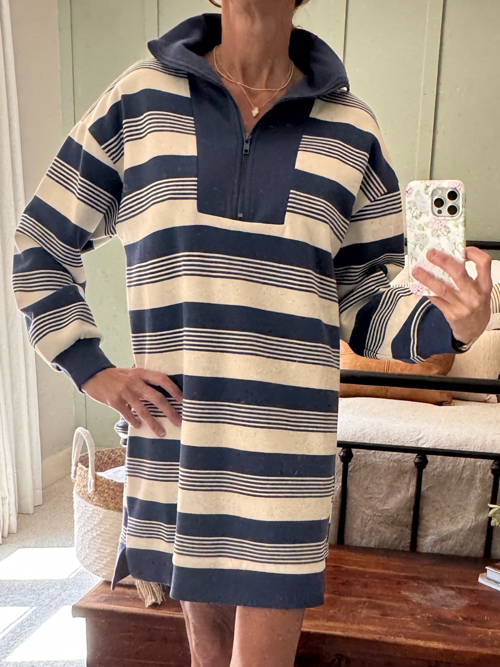 Umgee Navy and Cream Striped Half-Zip Pullover